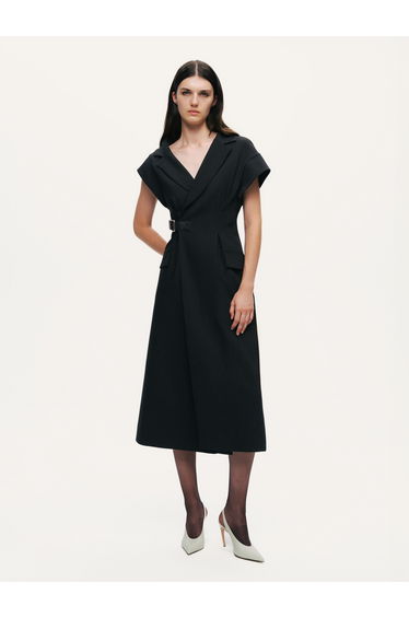 Tailored Buckle-Wrap Midi Dress