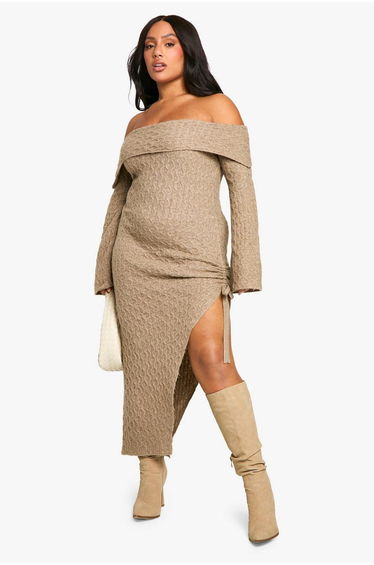 Plus Soft Cable Asymmetric Hem Bardot Maxi Dress - mocha
