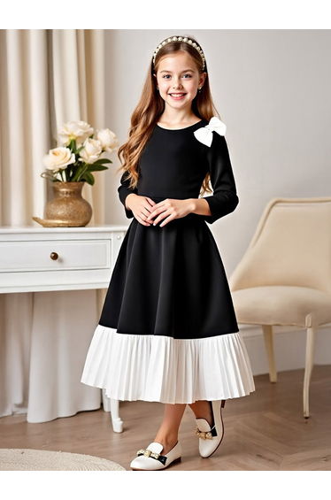 Girls Color Block Bow Detail Ruffle Hem Dress