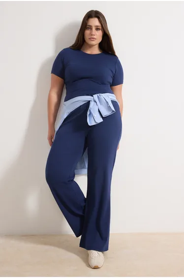 Navy Blue Knitted Plus Size Top - Bottom Set