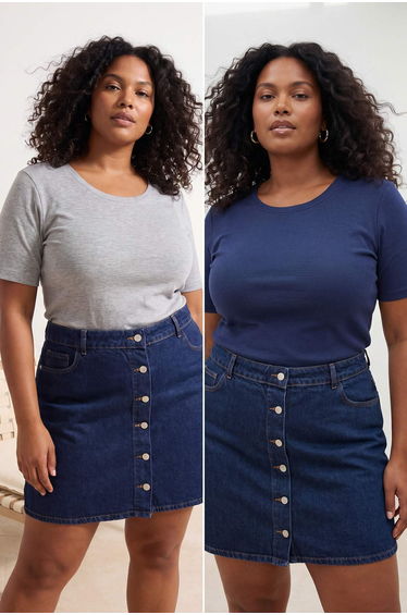 Gray Melange-Navy Blue 2'Li Package Crew Neck Basic Camisole Knitted Plus Size Blouse