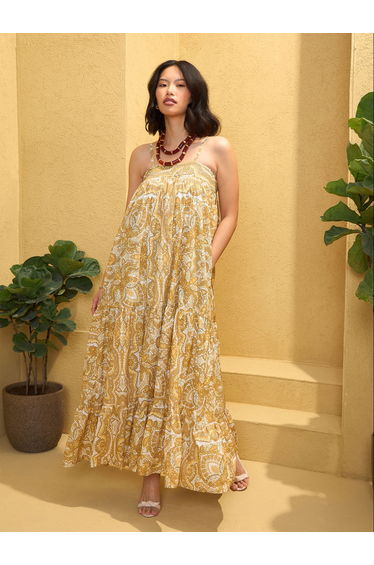 Yellow All Over Print Strappy Maxi Dress