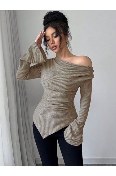 Women Grey Knit Top with Drape Neck