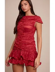 Burgundy Textured Boat Neck Frill Hem Mini Dress