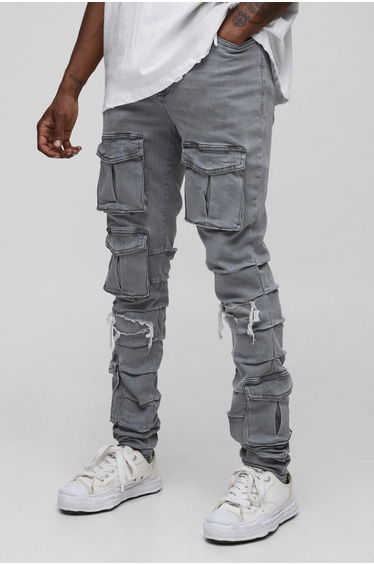 Tall Ruched Rip & Repair Ice Wash Cargo Skinny Jeans - ice grey