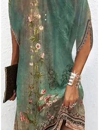 Batwing Sleeves Loose Flower Print Round-Neck Mini Dresses - 2