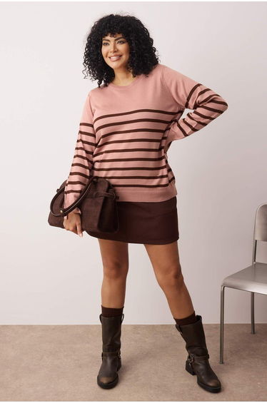 Brown-Pink Striped Crew Neck Knitwear Sweater