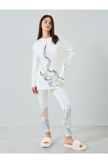 Women's GEO Printed Round Neck Long Sleeve Split Hem Top and Pants Set