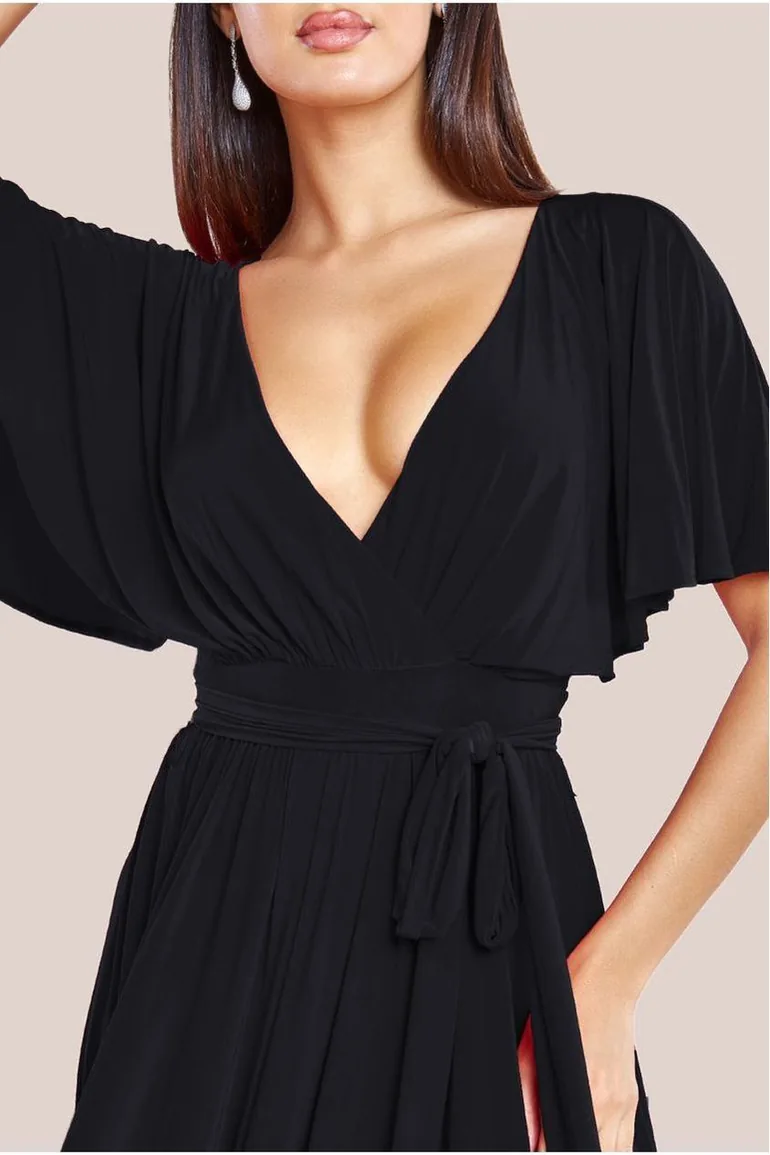 Goddiva Wrap Front Maxi With Flutter Sleeves - Black - 2