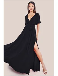 Goddiva Wrap Front Maxi With Flutter Sleeves - Black