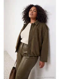 Khaki Oversize Plus Size Suede Bomber Jacket Coat - 2
