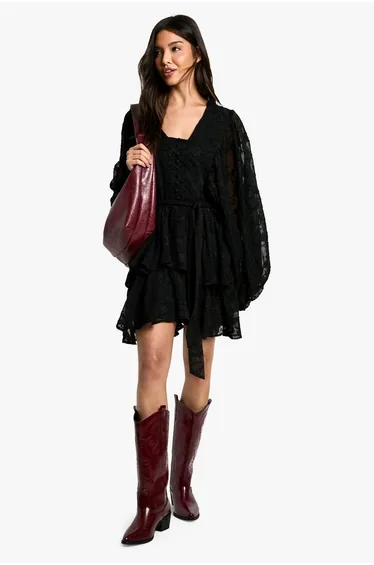 Burnout Paisley Tiered Belted Skater Dress