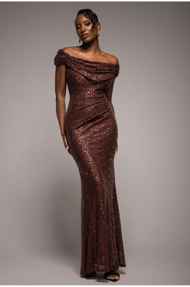 Cap Sleeve Iridescent Sequin Cowl Maxi Dress - Brown by Goddiva