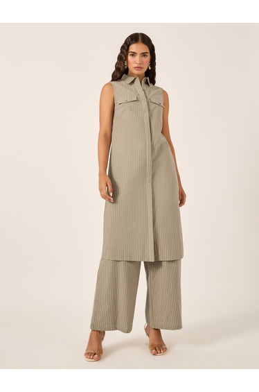 Stiped Sleeveless Button-Down Tunic and Wide Leg Pants Co-Ords