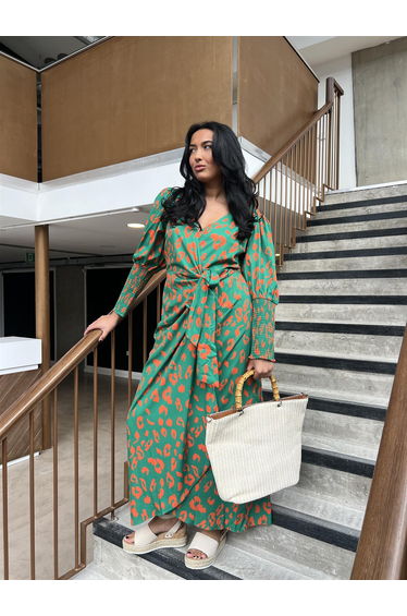 Green-Orange Leopard Wrap Midi-Dress