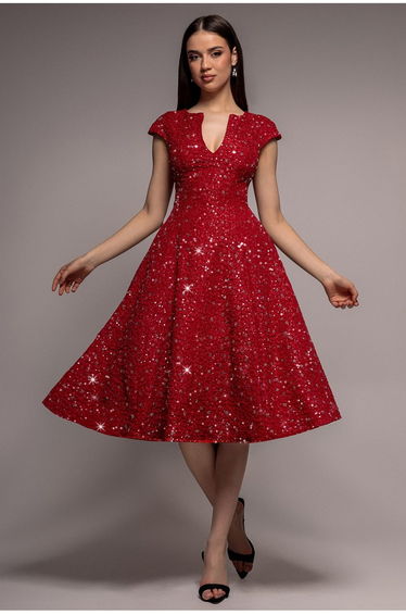 Bead Embellished Jacquard A Line Midi Dress - Red by Goddiva