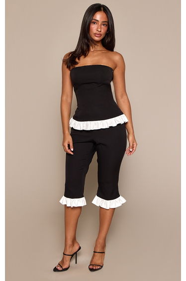Petite Black Contrast Frill Hem Bandeau Top