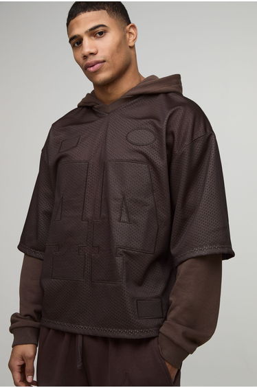 Oversized Boxy Varsity Applique Faux Layer Mesh Hockey Top Hoodie - brown