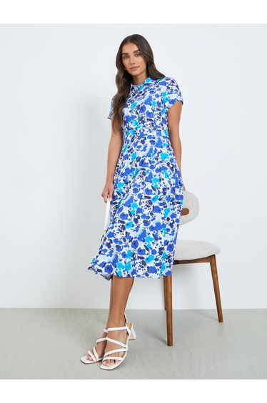 Women Blue Floral Print Shirt Midi Dress