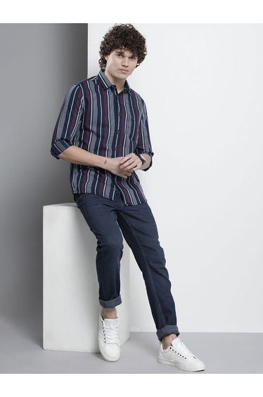 Men Navy Striped Spread Collar Shirt