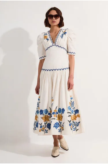 Rose Embroidered Cotton Twill Puff Sleeve Woven Dress With Eyelet Detail