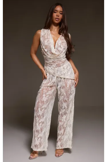 Cream Lace Sequin Sheer Trousers