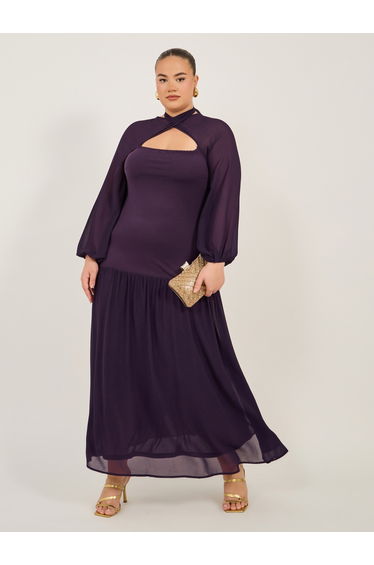 Plus Size Purple Solid Cut Out A-Line Maxi Dress