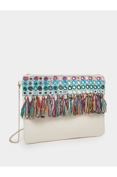 Embroidered Cotton Clutch with Tassels