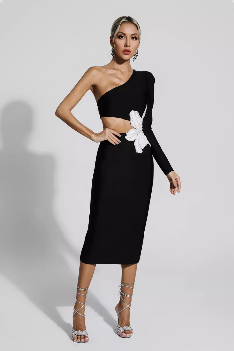 Angelica Black Floral One Shoulder Bandage Dress - 4