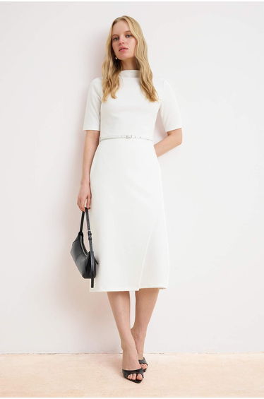 Ecru Straight Belted Midi Knitted Dress