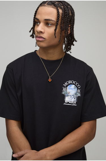 Regular Fit Morocco Location Embroidered T-Shirt - black