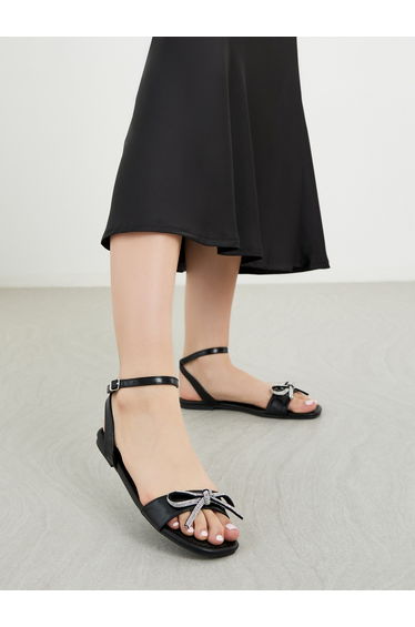 Embellished Bow Detail Ankle Strap Flat Sandals