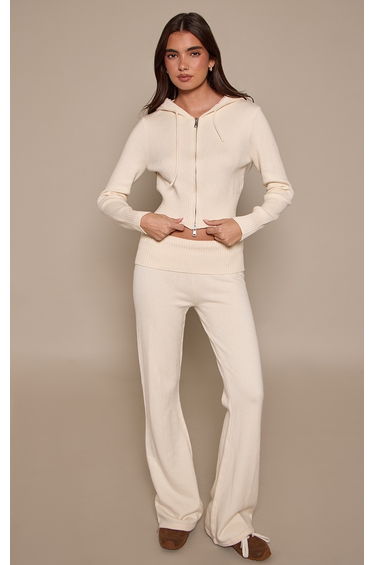 Cream Fold Over Waist Band Flared Knitted Trousers