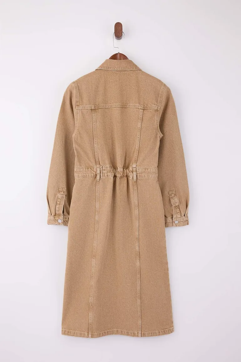 Beige Shirt Collar Maxi Denim Dress - 1