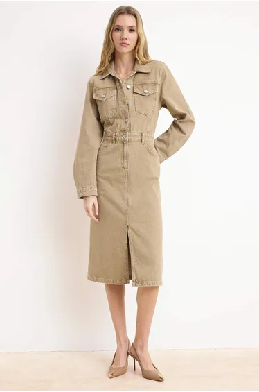 Beige Shirt Collar Maxi Denim Dress