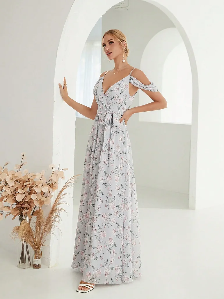 Leely Elegant Spaghetti Straps Cold Shoulder A-line Party Dress - 4
