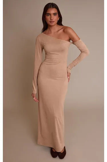 Sand Faux Suede Asymmetric Maxi Dress
