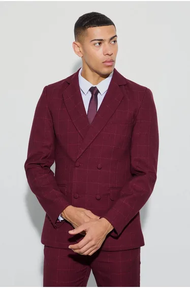 Window Check Double Breasted Slim Fit Blazer - chocolate