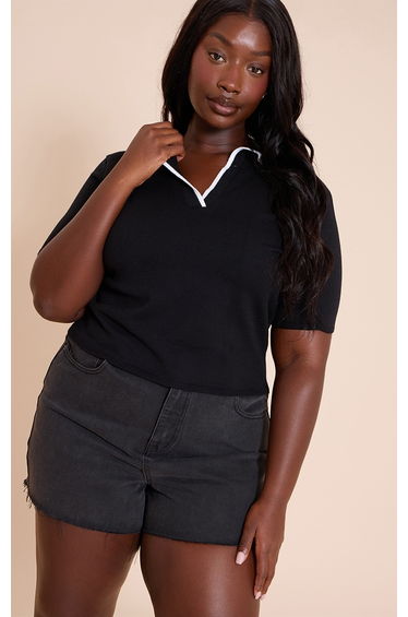 Plus Washed Black Raw Hem Denim Hotpant