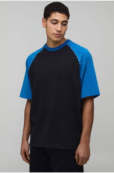 Oversized Heavyweight Studded Contrast Sleeve Raglan Acid Wash T-shirt - black
