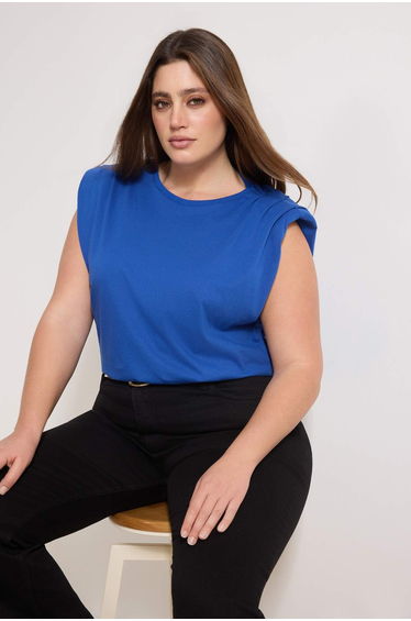 Cobalt Crew Neck Basic 100% Cotton Knitted Plus Size Blouse