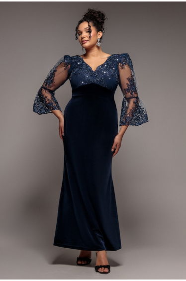 Goddiva Plus Scalloped Lace & Velvet Maxi Dress - Navy