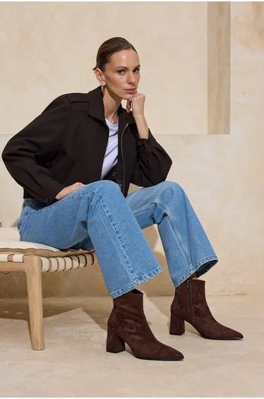 Dark Brown Suede Women's Block Heeled Boots