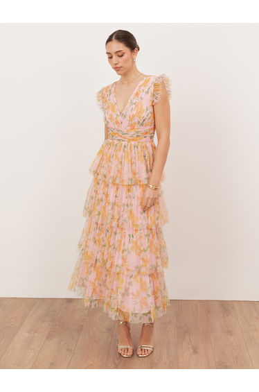 Anaya With Love Recycled Pink Floral V Neck Tiered Midaxi Dress