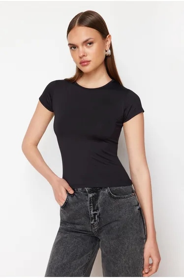 Black Polyamide Short Sleeve Crew Neck Fitted Knitted T-Shirt