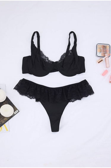 Black Micro Frilly Lace Covered Strapless Knitted Underwear Set