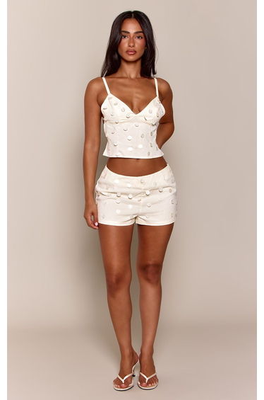 Petite Cream Shell Embellishment Tailored Woven Mini Shorts Co-ord