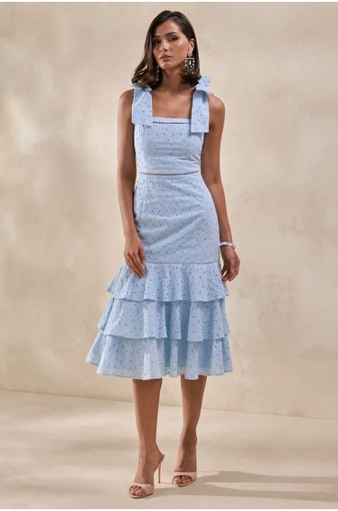 Velissia | Blue Broderie Square-Neck Midi Dress With Bow-Sleeves And Ruffled-Hem