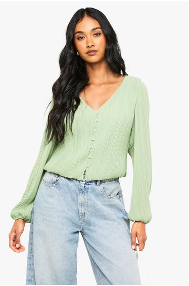 Plisse Button Through Blouse - sage