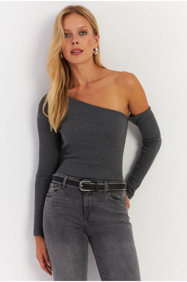 Women's Anthracite Asymmetric Sleeve Camisole Blouse